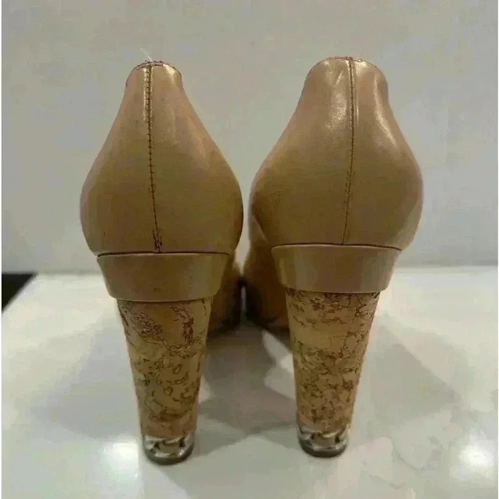 CHANEL Vintage Beige Leather Peep Toe Platform Cork Chain Pumps (Size 39 1/2) - Picture 3 of 16